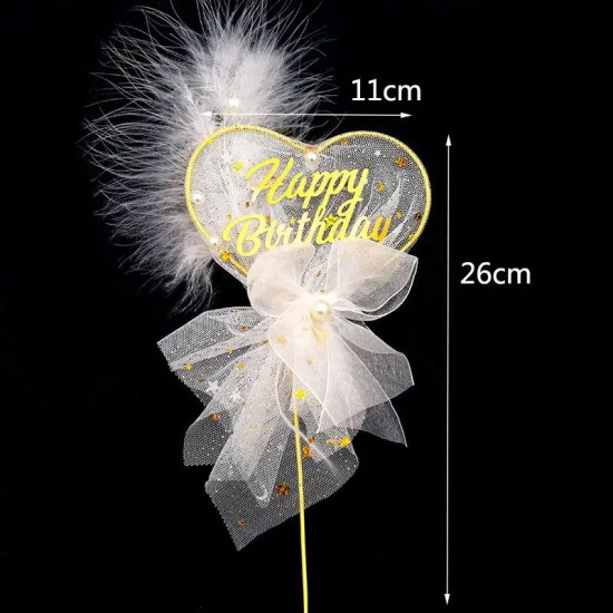 Happy Birthday Heart Feather Cake Topper