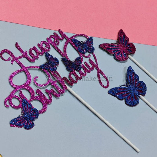 Happy Birthday Glitter Butterfly Cake Topper - Pink And Blue