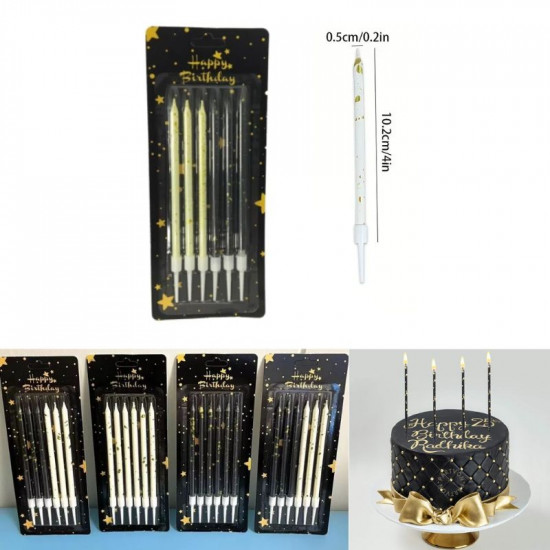 Thin Long Straight Candle with Holder (Set of 6) Black White With Gold Confetti Design